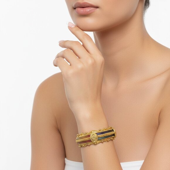 Ornate Indian Style Gold Tone Bangle Bracelet Multi-Color Enamel Filigree Blue - Picture 2 of 7